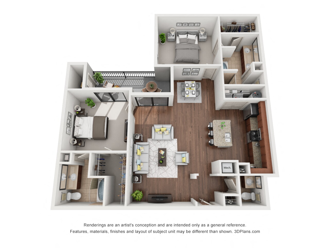 Floor plan for 2 beds, 2 baths, 1436 sqft